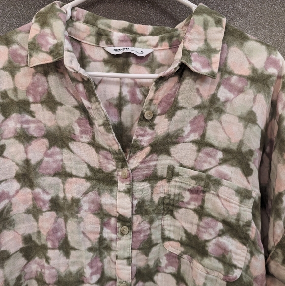 Sonoma Oversized Button Down Short Sleeve Top Cream Green Sz X-Large - Picture 5 of 7